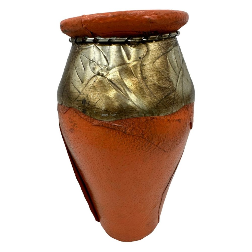 Vtg Ceramic Orange Leather Wrapped Vase w Metal Band Twisted Metal Details 9.5"